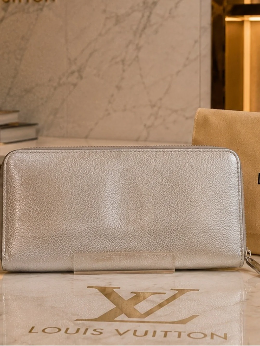 Louis Vuitton Silver Metallic Suhali Zip Wallet with Front Zip Pocket